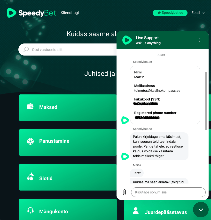 SpeedyBeti live-chat 12. augustil 2026 kell 09:39: eelvorm küsib nime, e-posti, isikukoodi ja telefoninumbrit ning teade hoiatab tehisintellekti tõlke eest