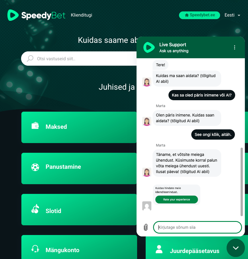 SpeedyBeti teenindaja Marta kinnitab vestluses, et on päris inimene, ja iga vastus kannab märget tõlgitud AI abil